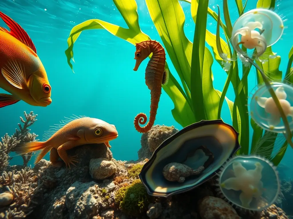 Escena submarina fotorealista con animales con branquias