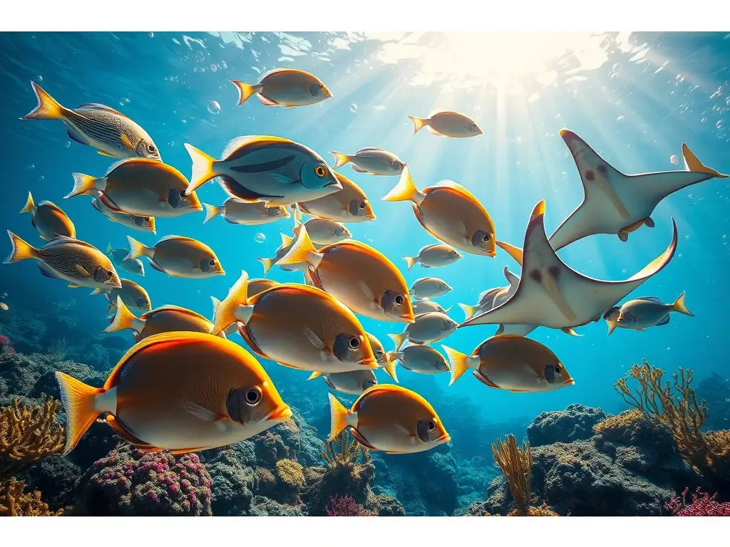 Escena submarina fotorealista de peces tropicales