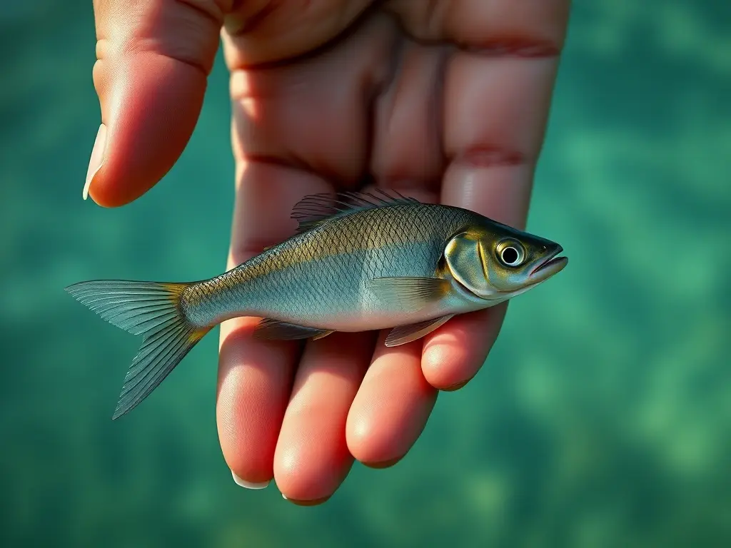 Fotorealistic imagen de una mano con dedos webbed sujetando un pez