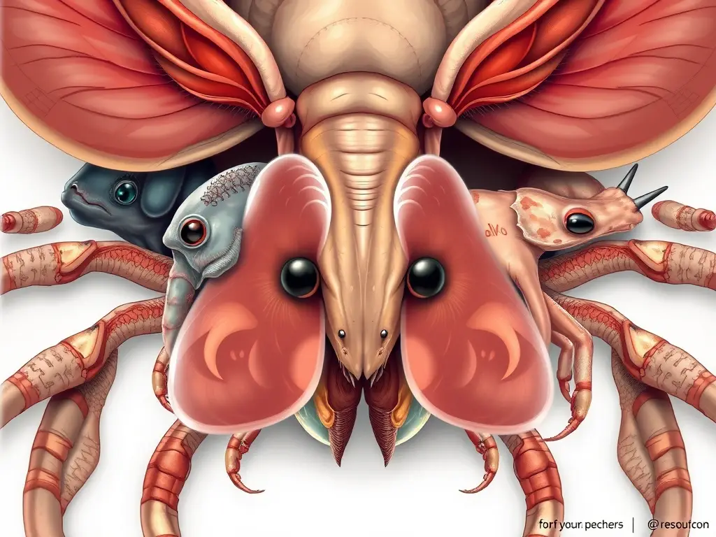 Imagen realista de invertebrados con respiración pulmonar, anatomía precisa y expresión tranquila