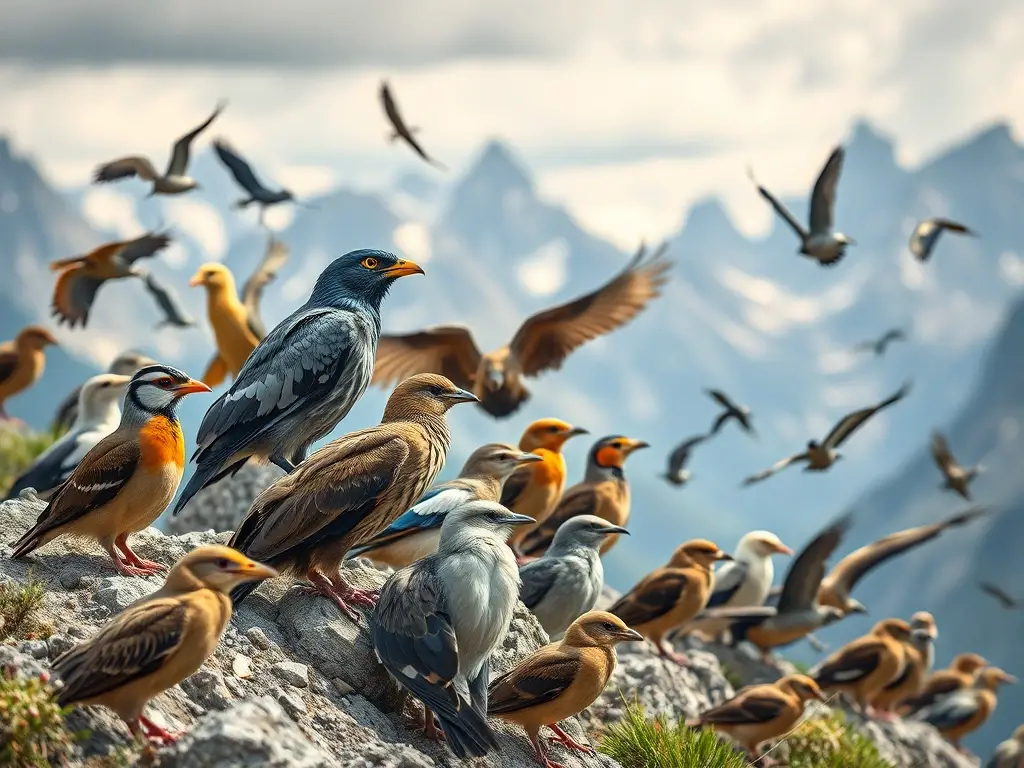 Imagen fotográfica realista de aves del paisaje montañoso europeo