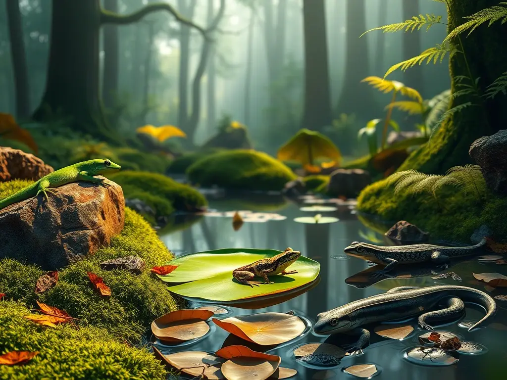 Bosque europeo al alba con reptiles vibrantes