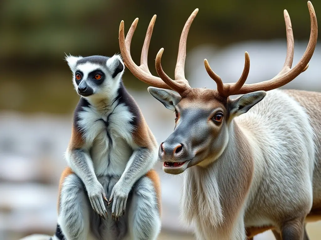 Photorealistic 8k imagen, lémur de cola anillada y caribou boreal, sin texto
