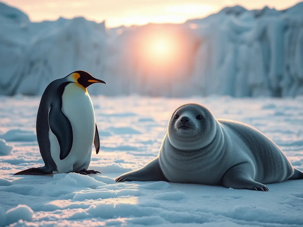 Una imagen realista y hermosa de pingüinos y unSeal en una playa glacial