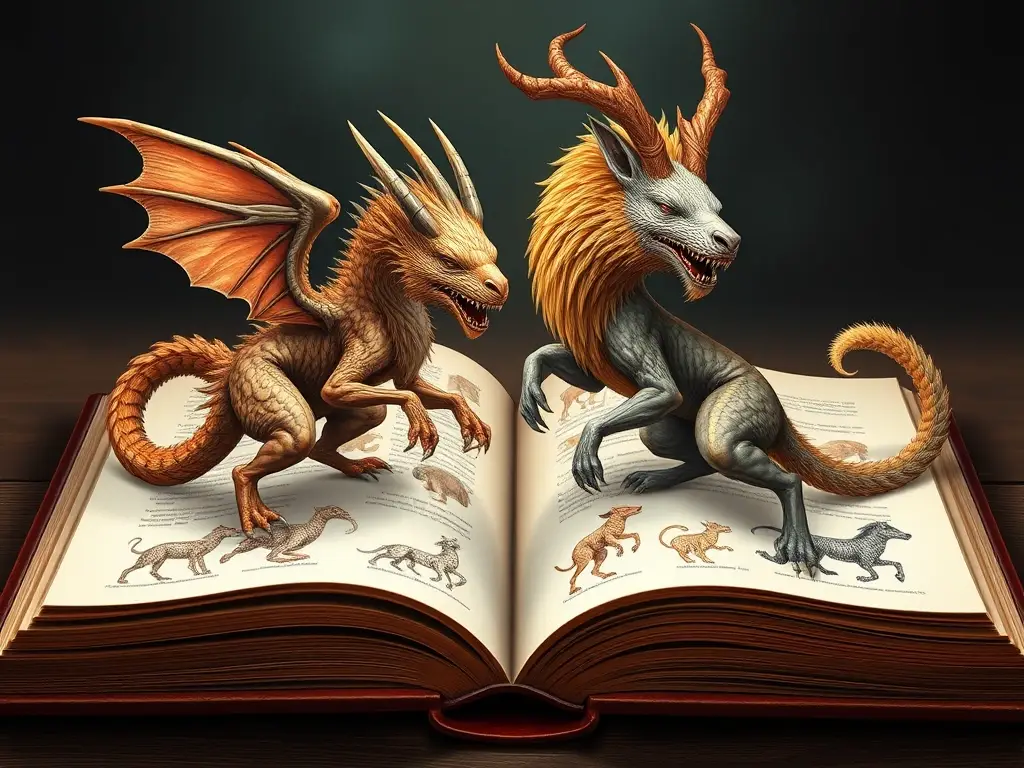 Illustration of 25 mythical hybrid creatures, photorealistic