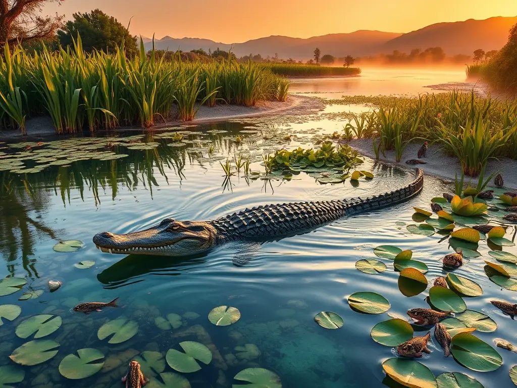 Cocodrilo majestuoso navega río oaxaqueño al amanecer