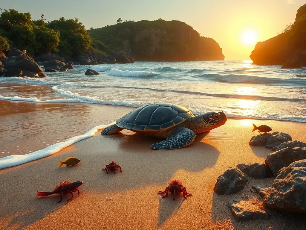 Playa oaxaqueña al amanecer con tortuga
