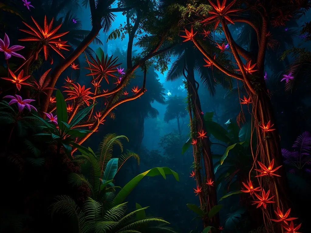 Una majestuosa selva amazónica nocturna, en alta resolución