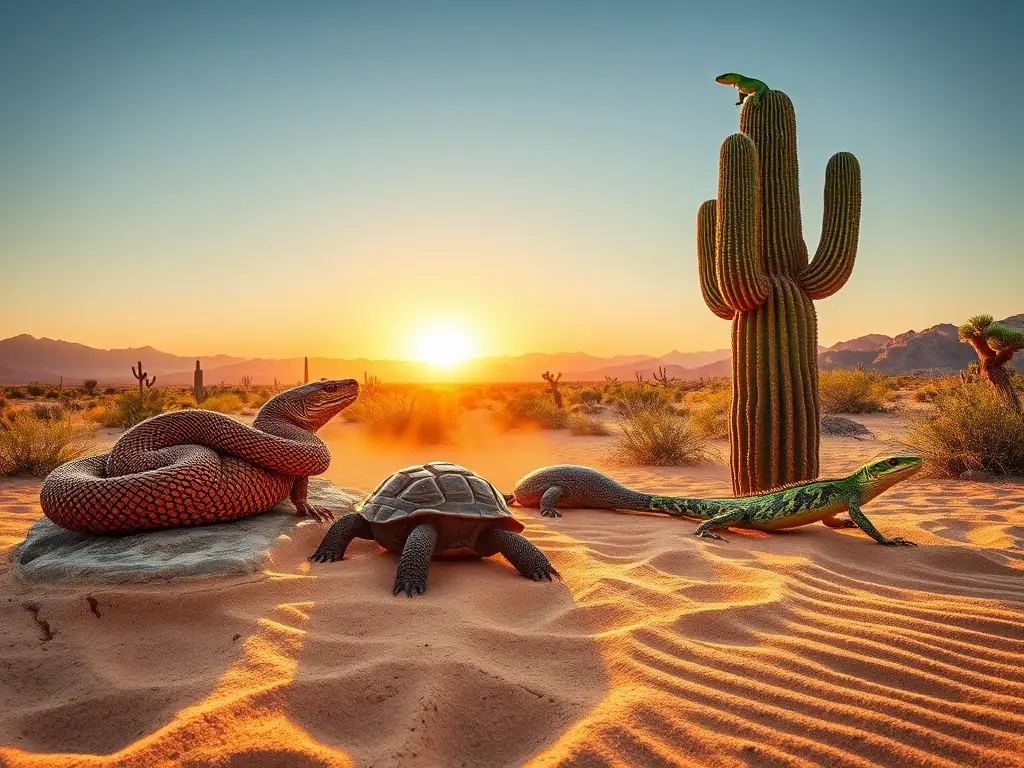 Desierto sonorense al atardecer con reptiles