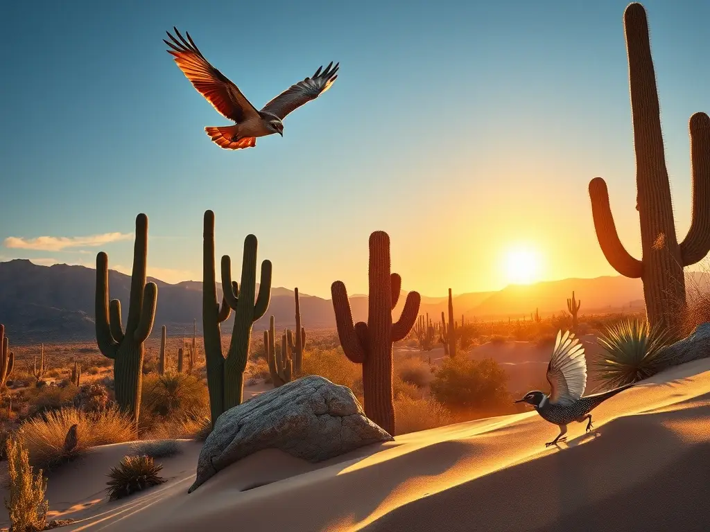Desierto al amanecer con fauna y cactus