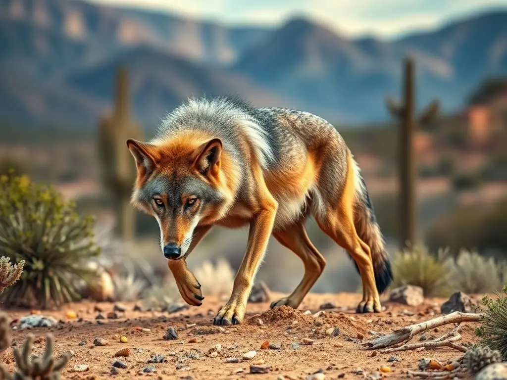 Foto realista de un lobo dire en el desierto, sin elementos extraños