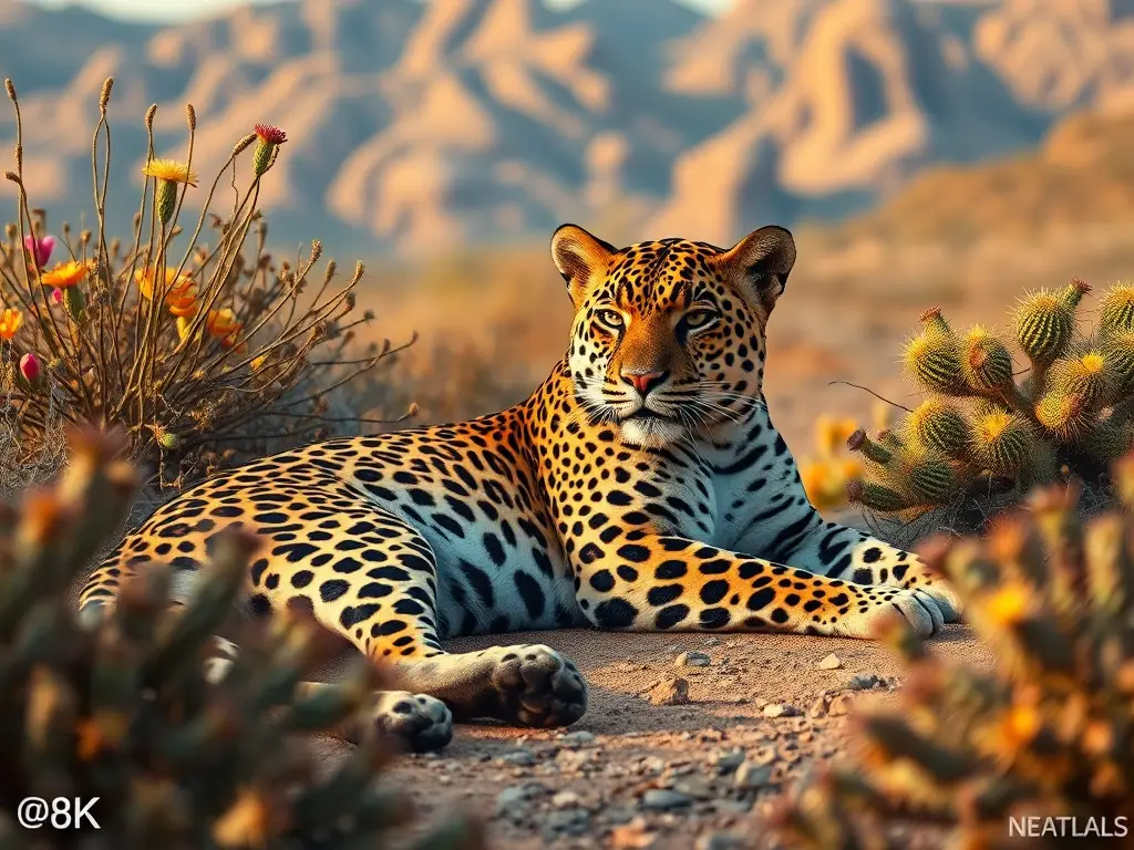 Una fotorealista de un jaguar relajando en el desierto sonorense