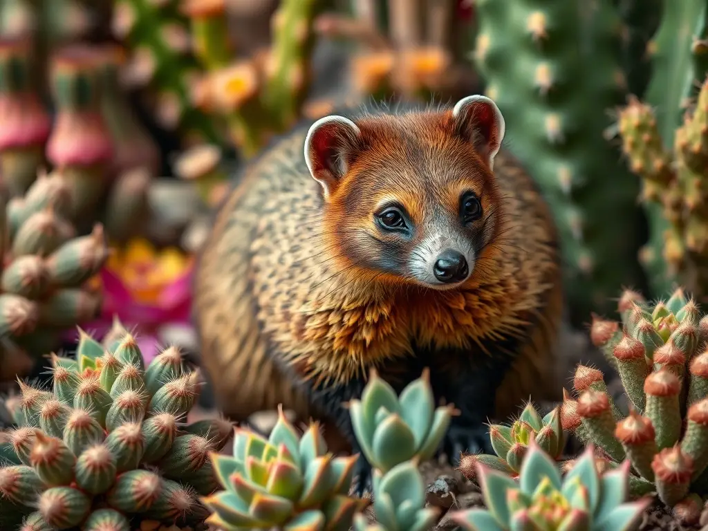 Fotografía realista de un coati jade con ecosistema verde y detalles exquisitos