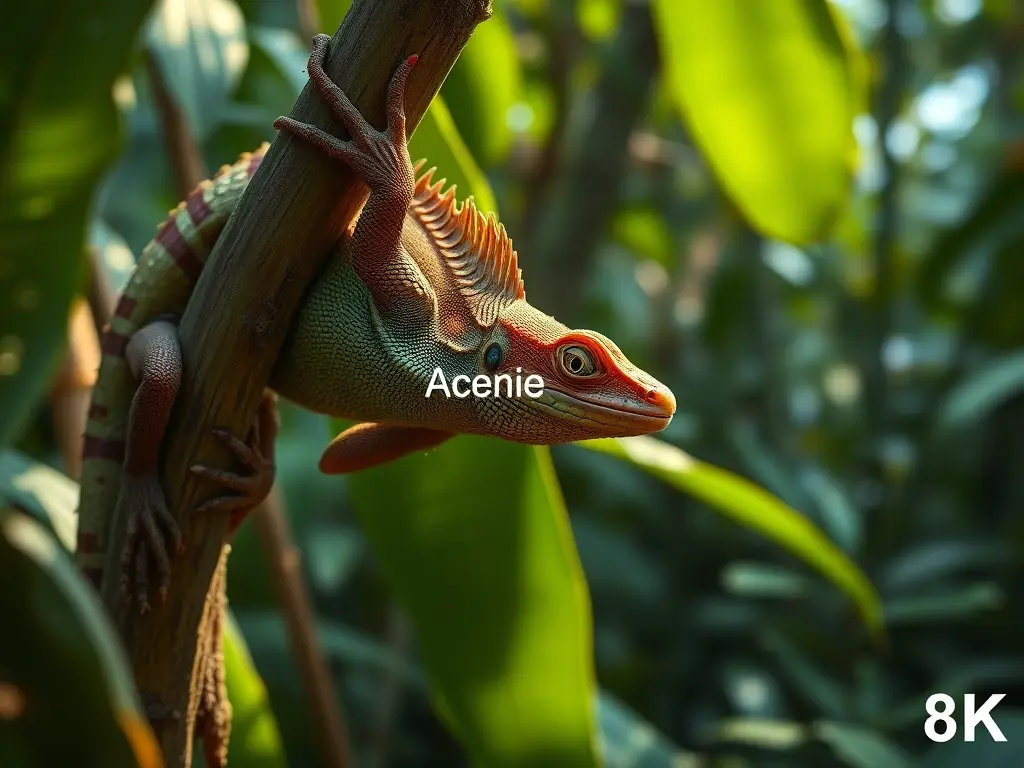Fotorealista de un ecosistema de selvas tropicales con reptil, aves y mamíferos