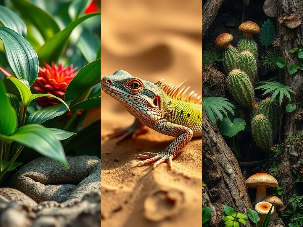 Un lagarto majestuoso, en detalle, con texturas 8k en ambientes diversos