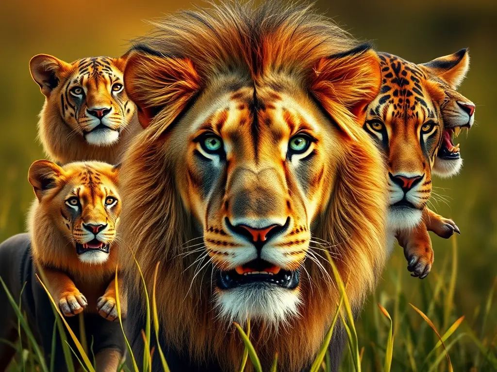 Una imagen realista de animales de la película Rey León con un león majestuoso brillando