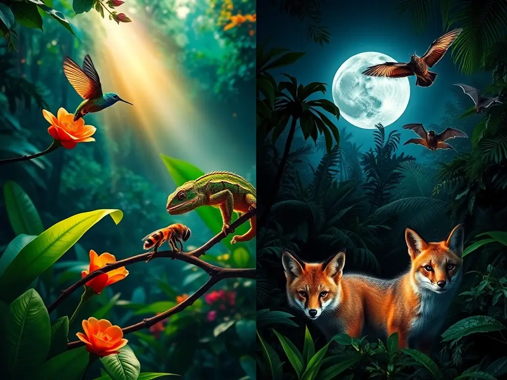 Selva diurna y nocturna con animales luminosos