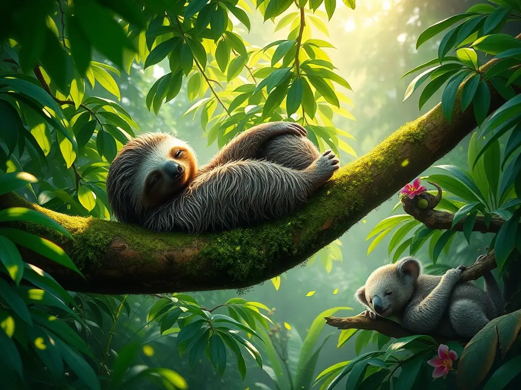 Ilustración hiperrealista de perezoso relajado en selva