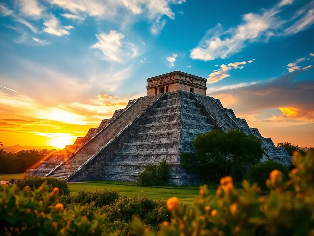 Un paisaje histórico con Chichén Itzá, majestuoso y en sol poniente