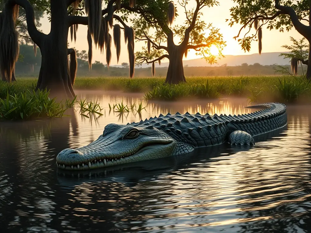 Cocodrilo mexicano en pantano al amanecer