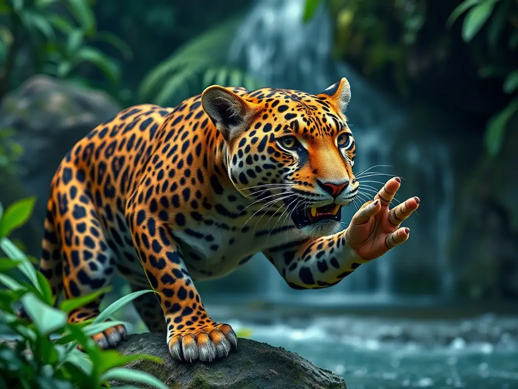 Fotografía realista de jaguar en un paisaje tropical