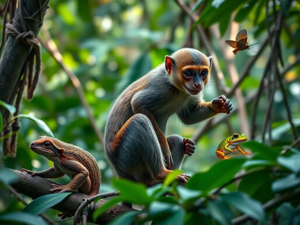 Una imagen photorealista de la península de Yucatán con cuatro especies vulnerables