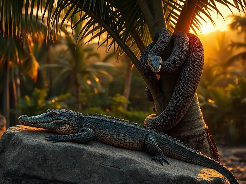 Un paisaje de reptiles exóticos en una selva tropical