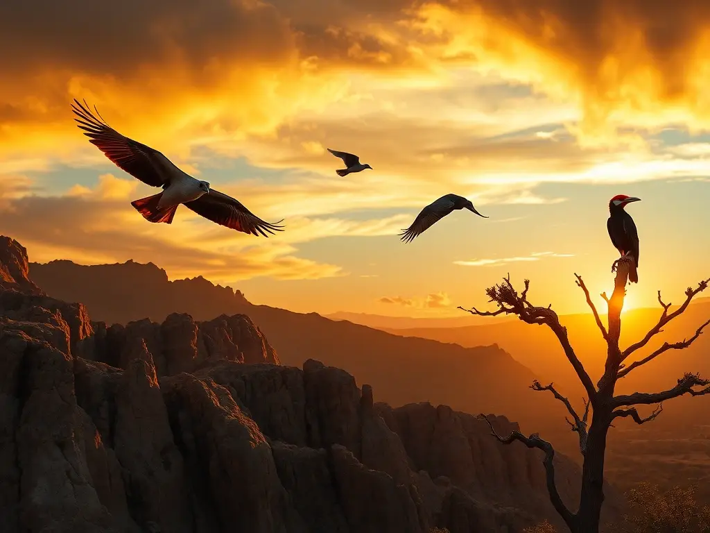 Atardecer mexicano con tres aves extintas volando