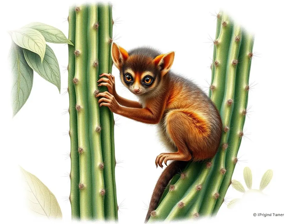 Retrato realista de un tarso de San Quintín escalando un cactus