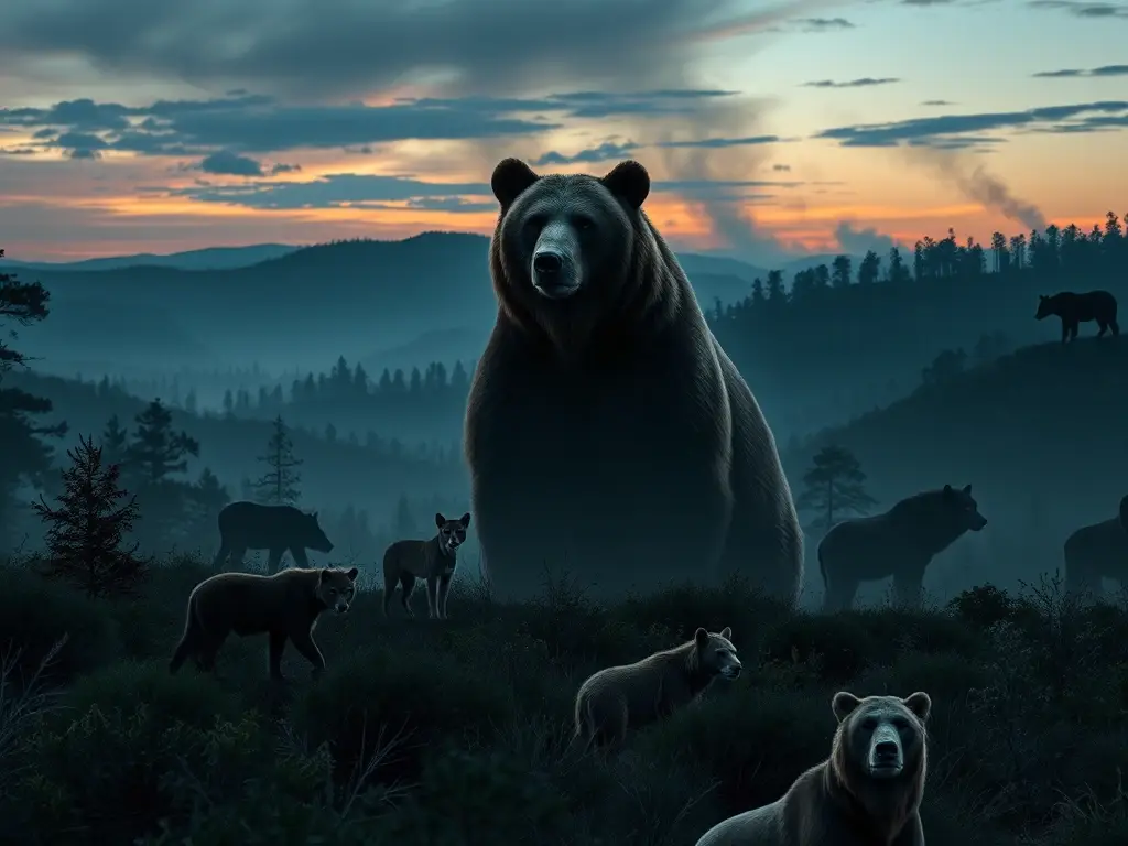 Bosque mexicano al atardecer, oso y sombras