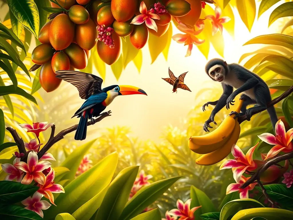 Cánopy tropical luminoso con fauna frutal