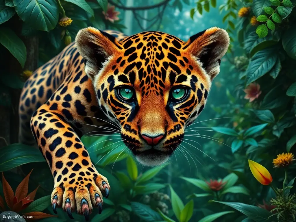 Fotorealista retrato de un jaguar con ojos esmeralda y cuerpo musculoso en un bosque tropical