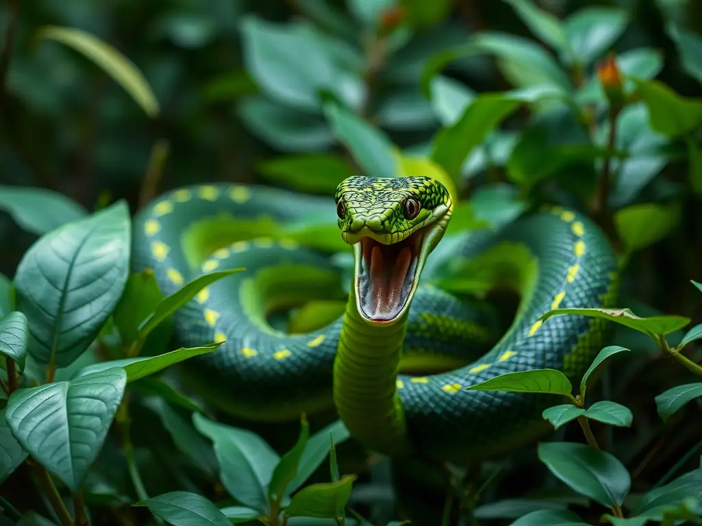 Imágen realista, cobra coronada, en un trópico exuberante
