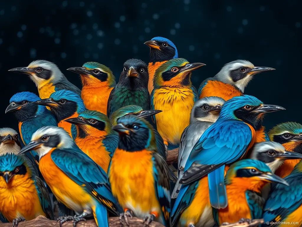 Photorealistic, detailed depiction of nocturnal birds