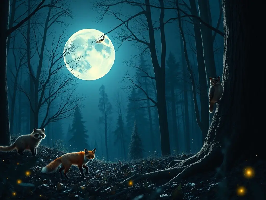 Bosque nocturno bajo luna, zorra roja merodea