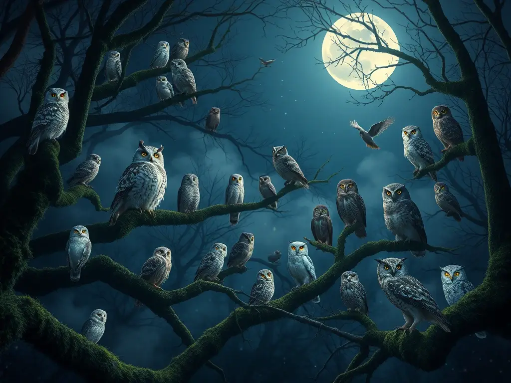 Bosque nocturno con veinte búhos bajo luna
