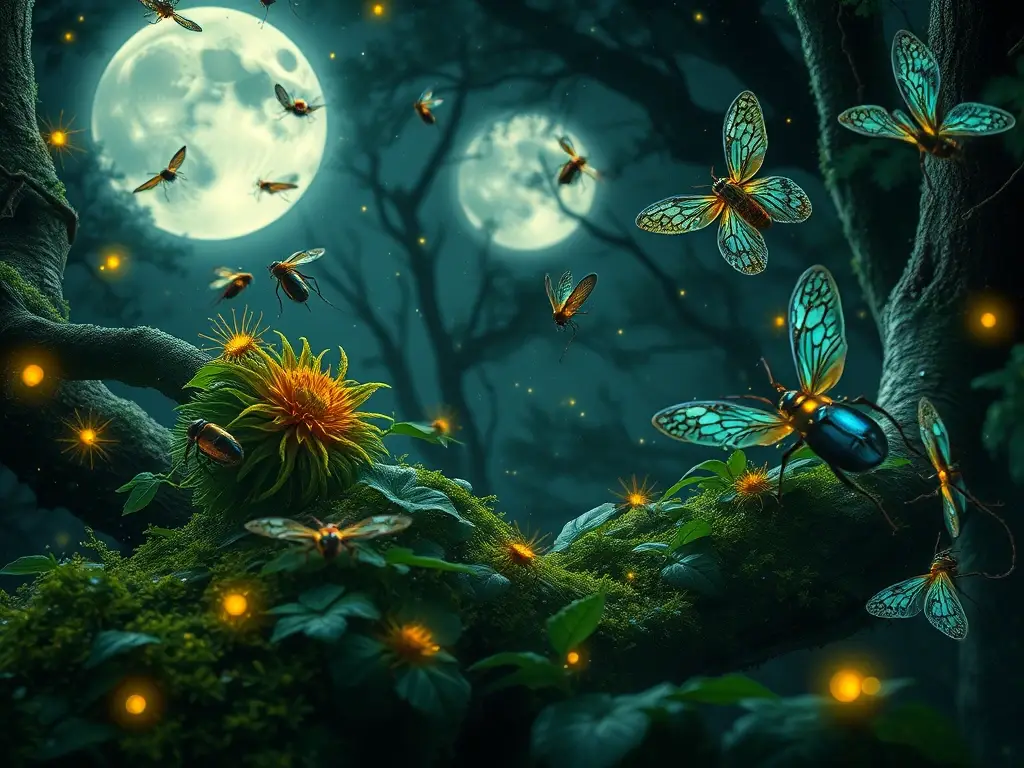 Escena macro hiperrealista de insectos nocturnos brillantes