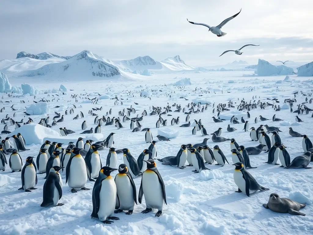 Fotografía realista de una antártida con fauna diversa