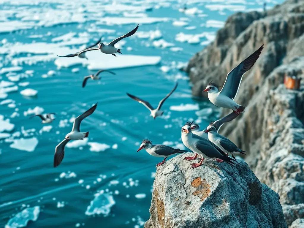 Imagen realista de 30 pájaros marinos majestuosidades sobre un océano icónico