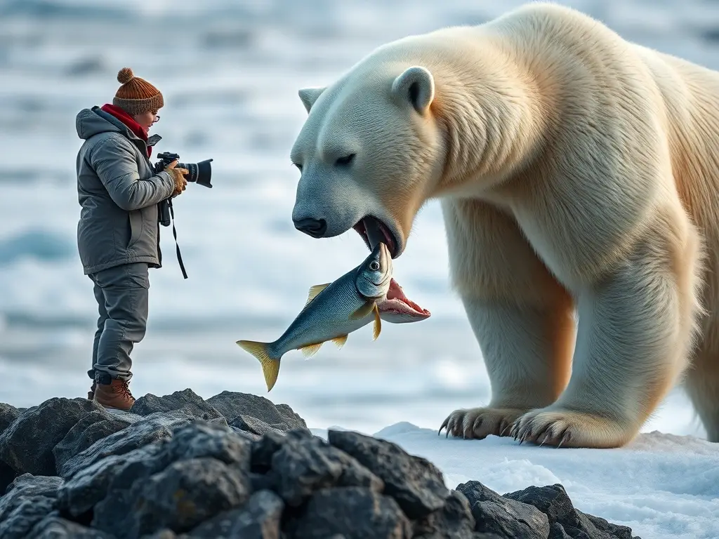 Un retrato realista de un fotógrafo de wildlife con un oso polar cazando