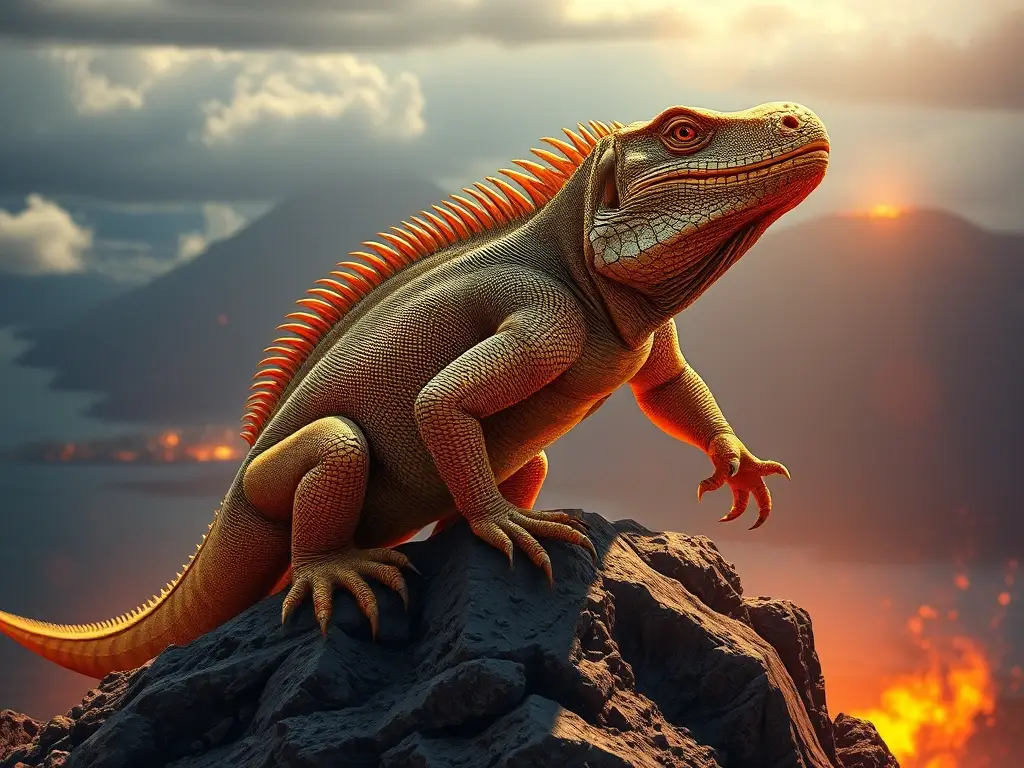 Ilustración fotográfica detallista del dragón komodo en una isla volcánica