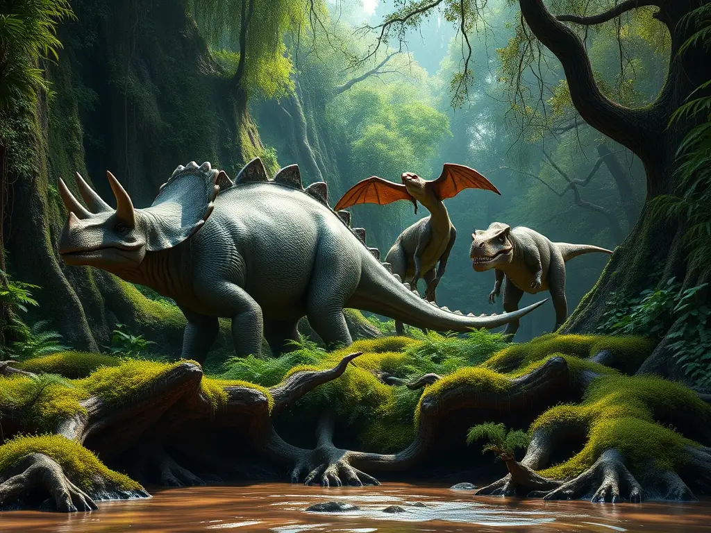 Una familia de dinosaurios majestuosa bajo un bosque exuberante