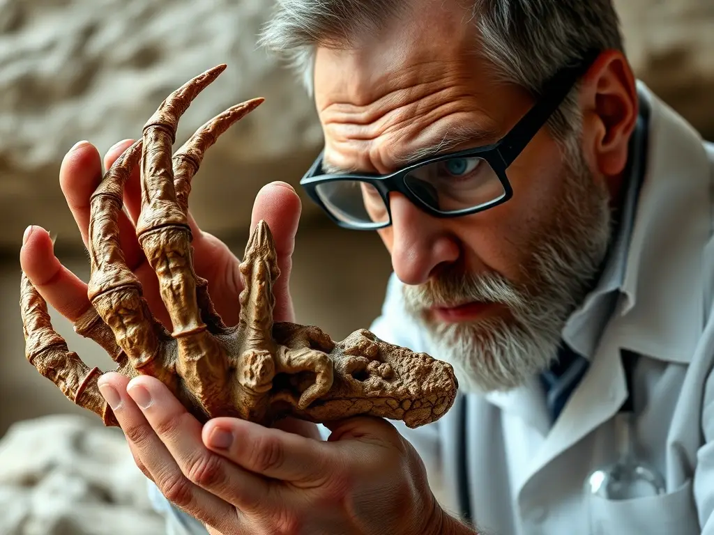 Un retrato realístico de un paleontólogo examinando un hueso de dinosaurio