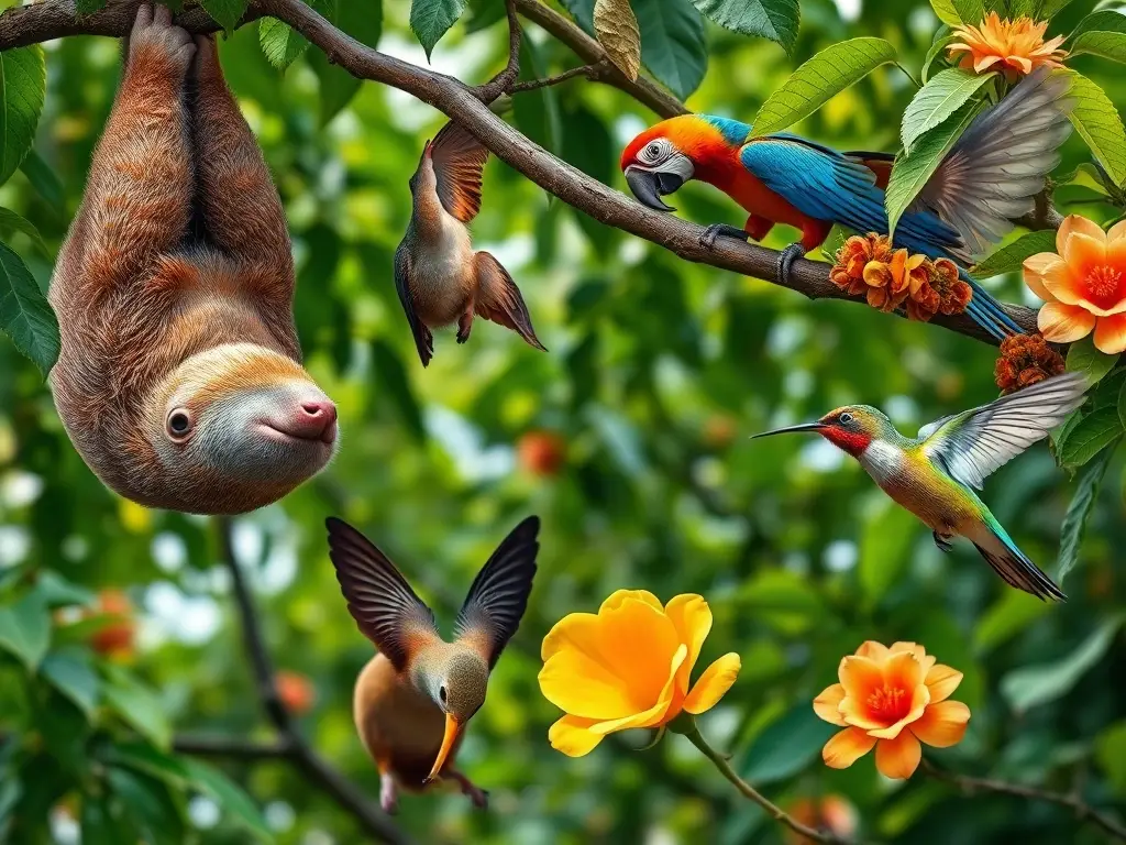 Foto realista de animales en árboles vibrantes