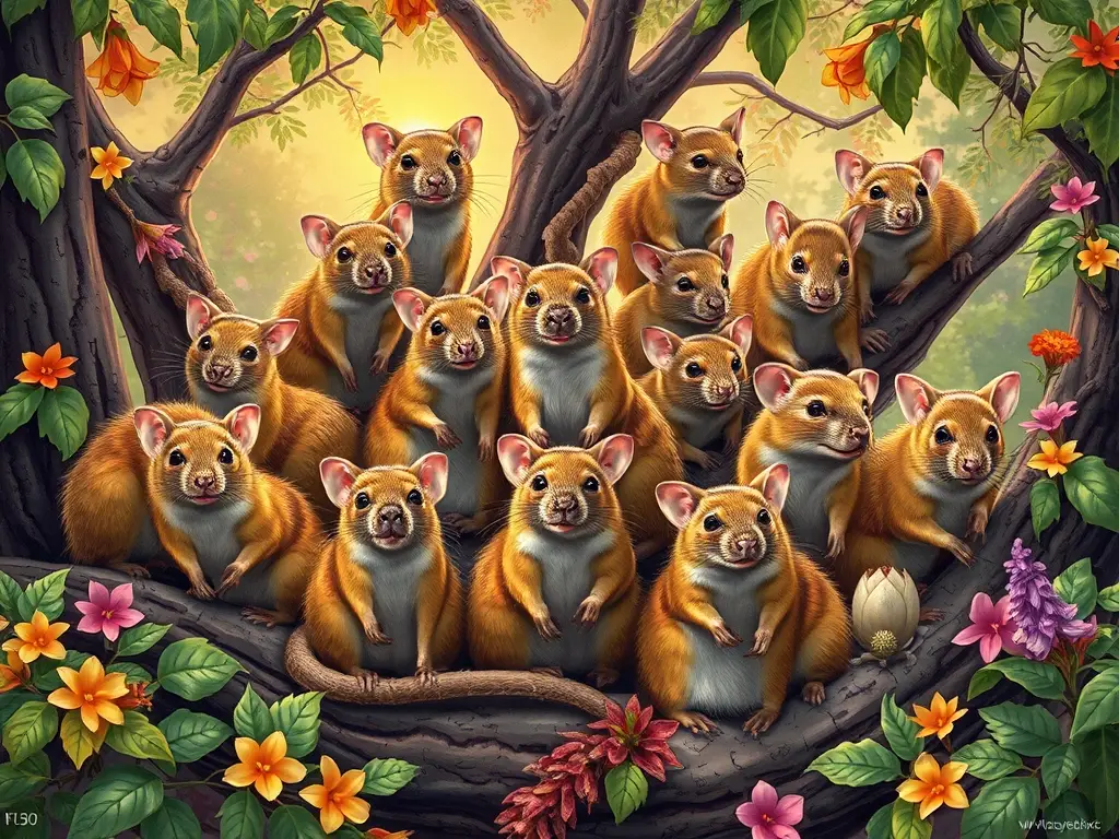 Illustration realista de 30 ratones marsupiales en un árbol con luz solar
