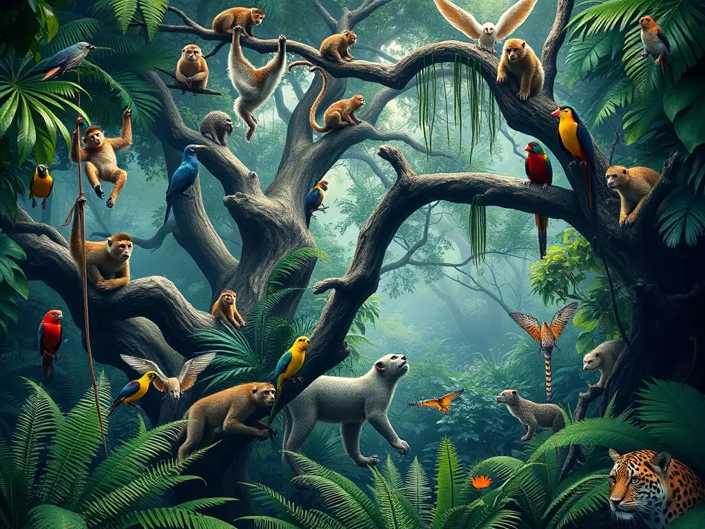 Una obra maestra realista de 8K mostrando animales en árboles de la selva