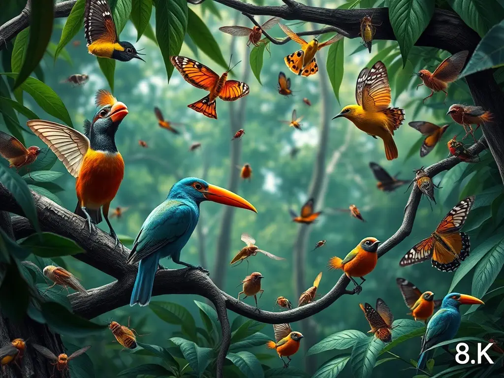 Fotografía realista de un ecosistema biodiverso en la cima de un árbol