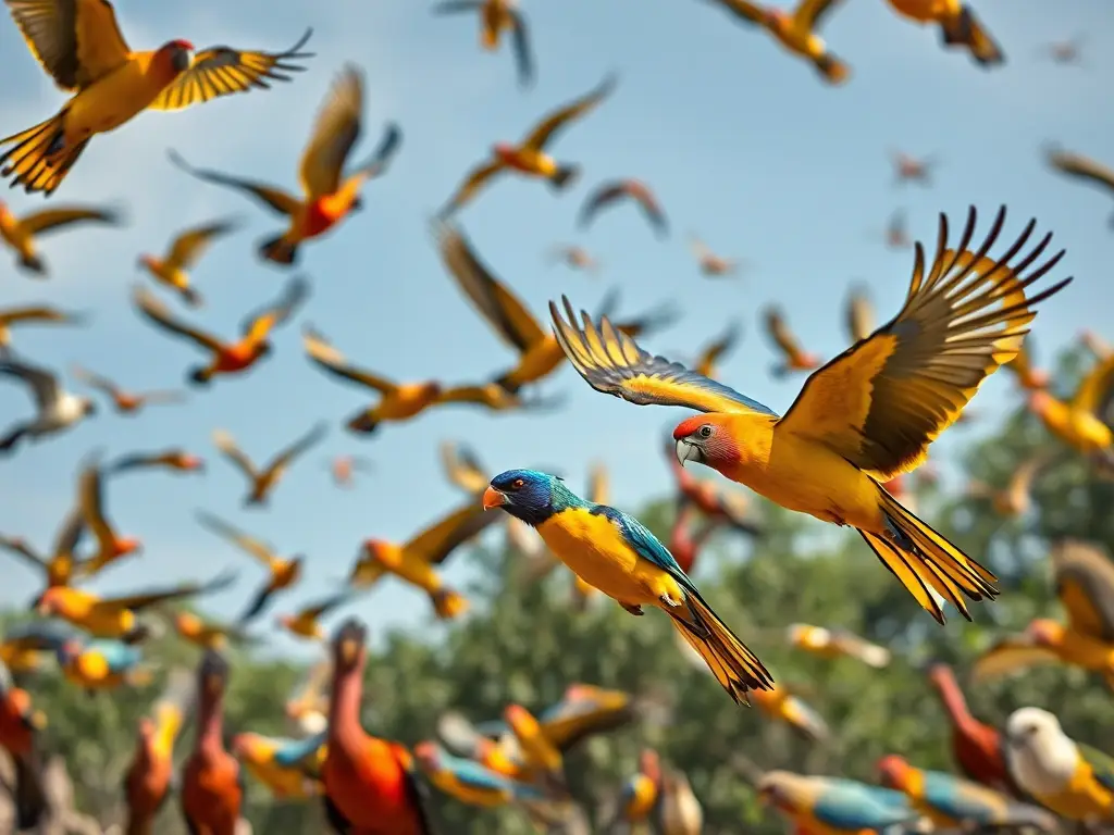 Una aviary de aves en 8K, con colores y vuelo en movimiento