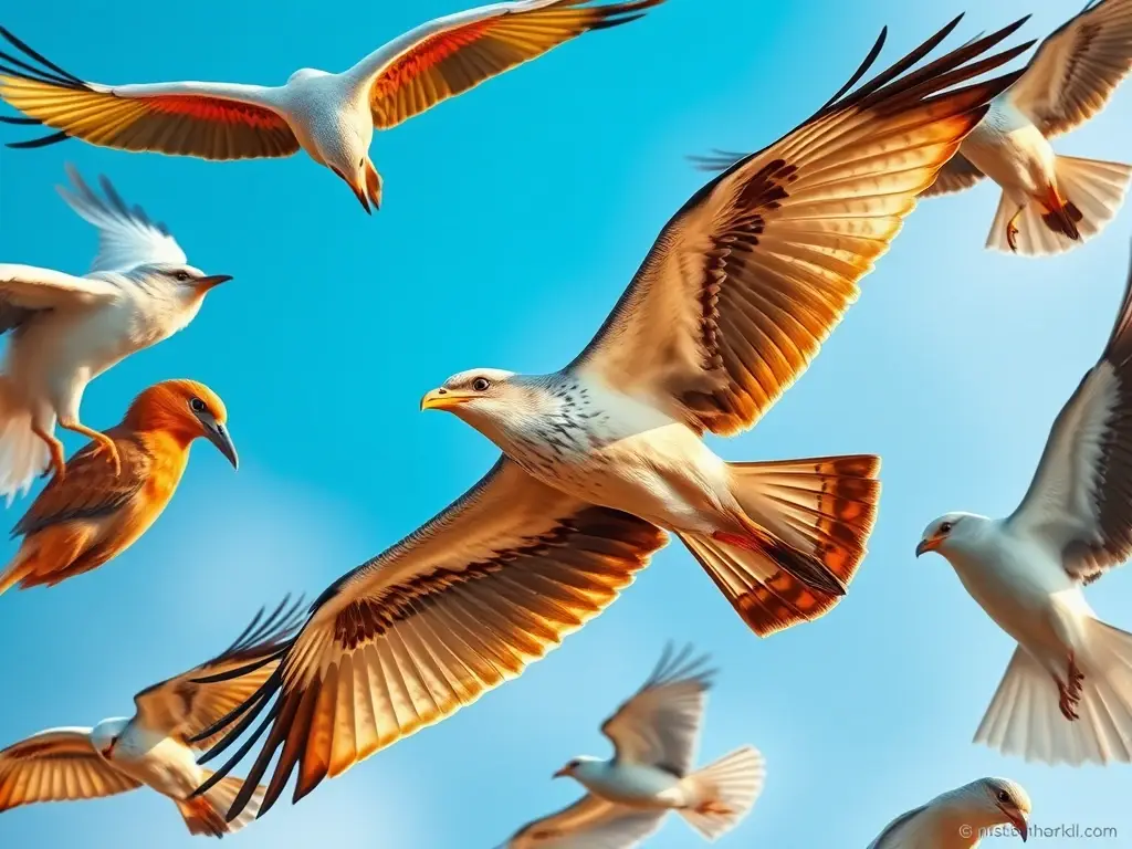 Imágenes foto realistas de pájaros flotantes, sin texto ni marcas