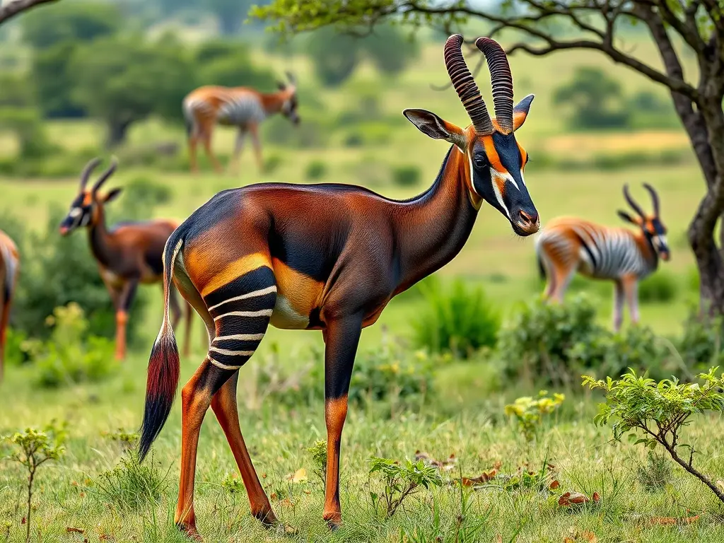 Imagen realista de un okapi en savana africana, nítida y detallada